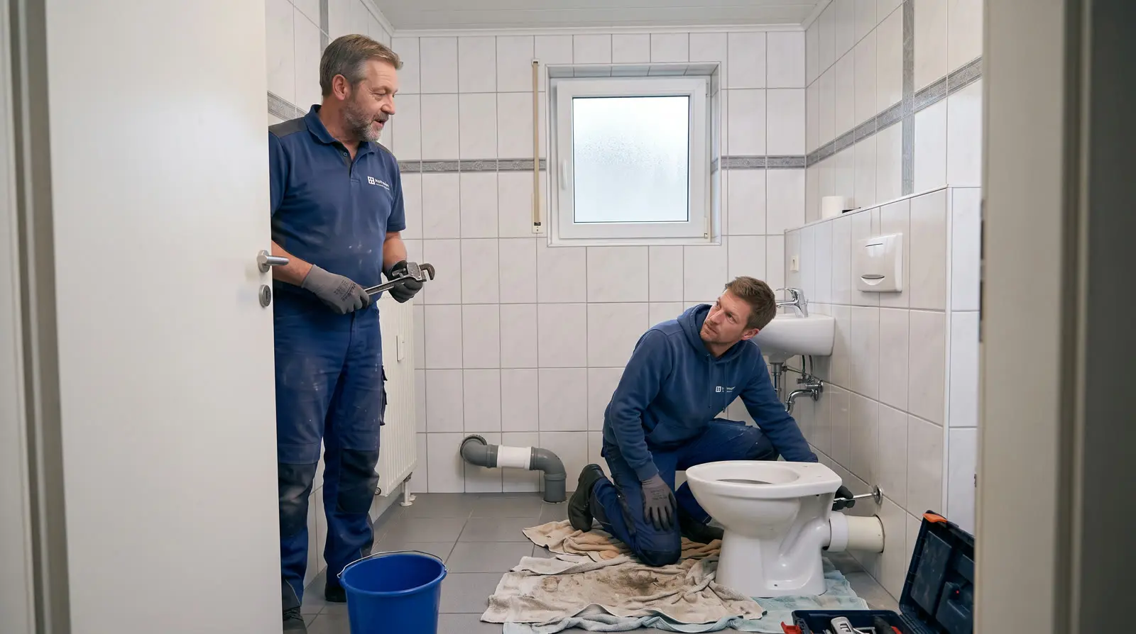 Monteur arbeitet an einer verstopften Toilette im Gäste-WC