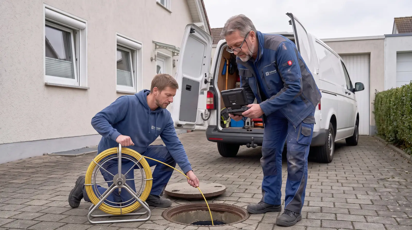 Monteur schiebt eine Kanalkamera in einen Schacht im Hof