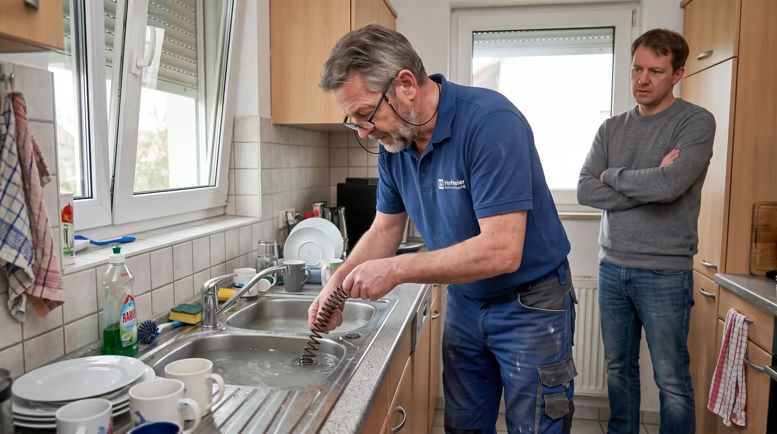 Monteur reinigt den verstopften Abfluss einer Küchenspüle