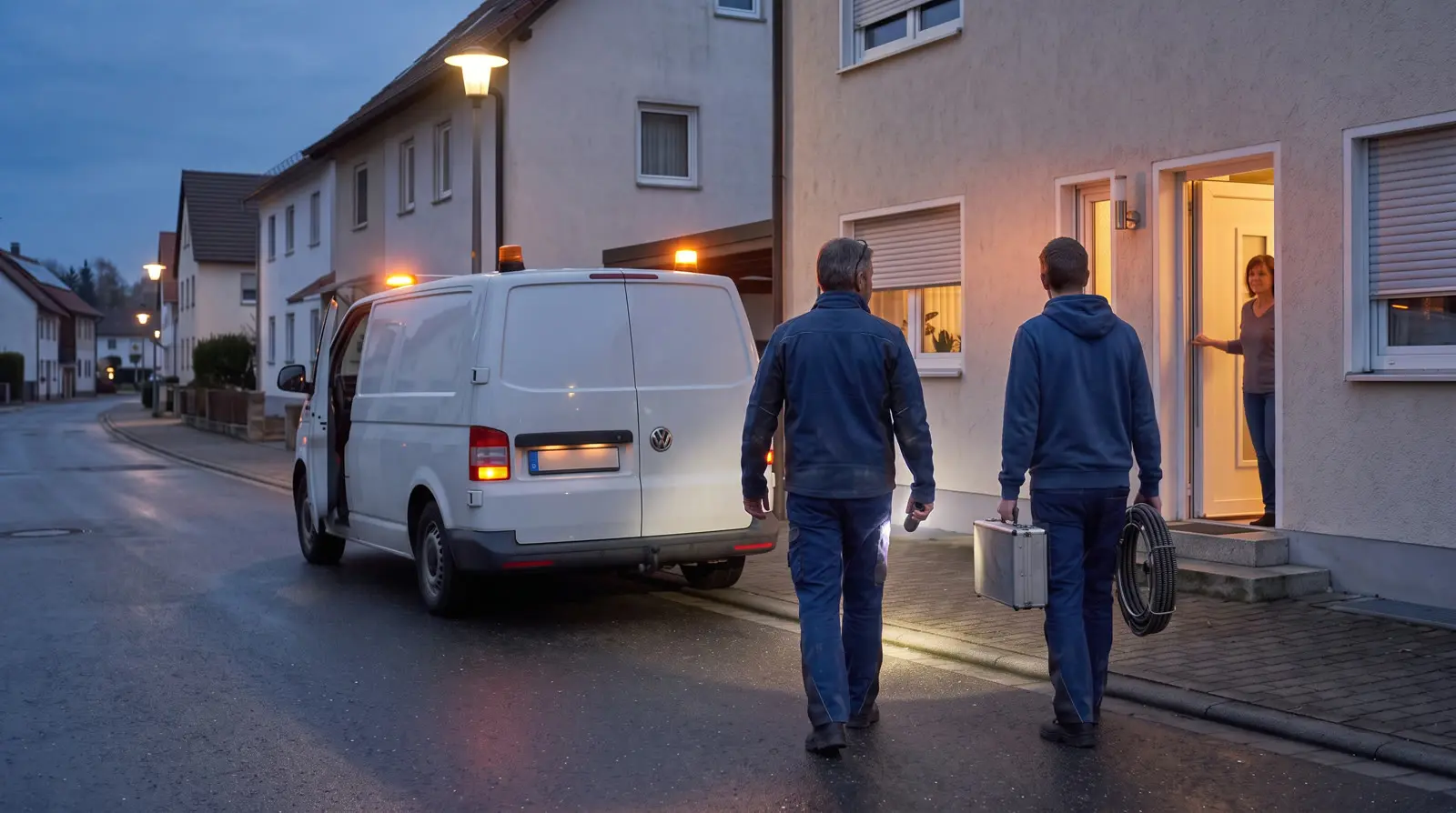 Monteure gehen am Abend mit Werkzeug zu einem Haus
