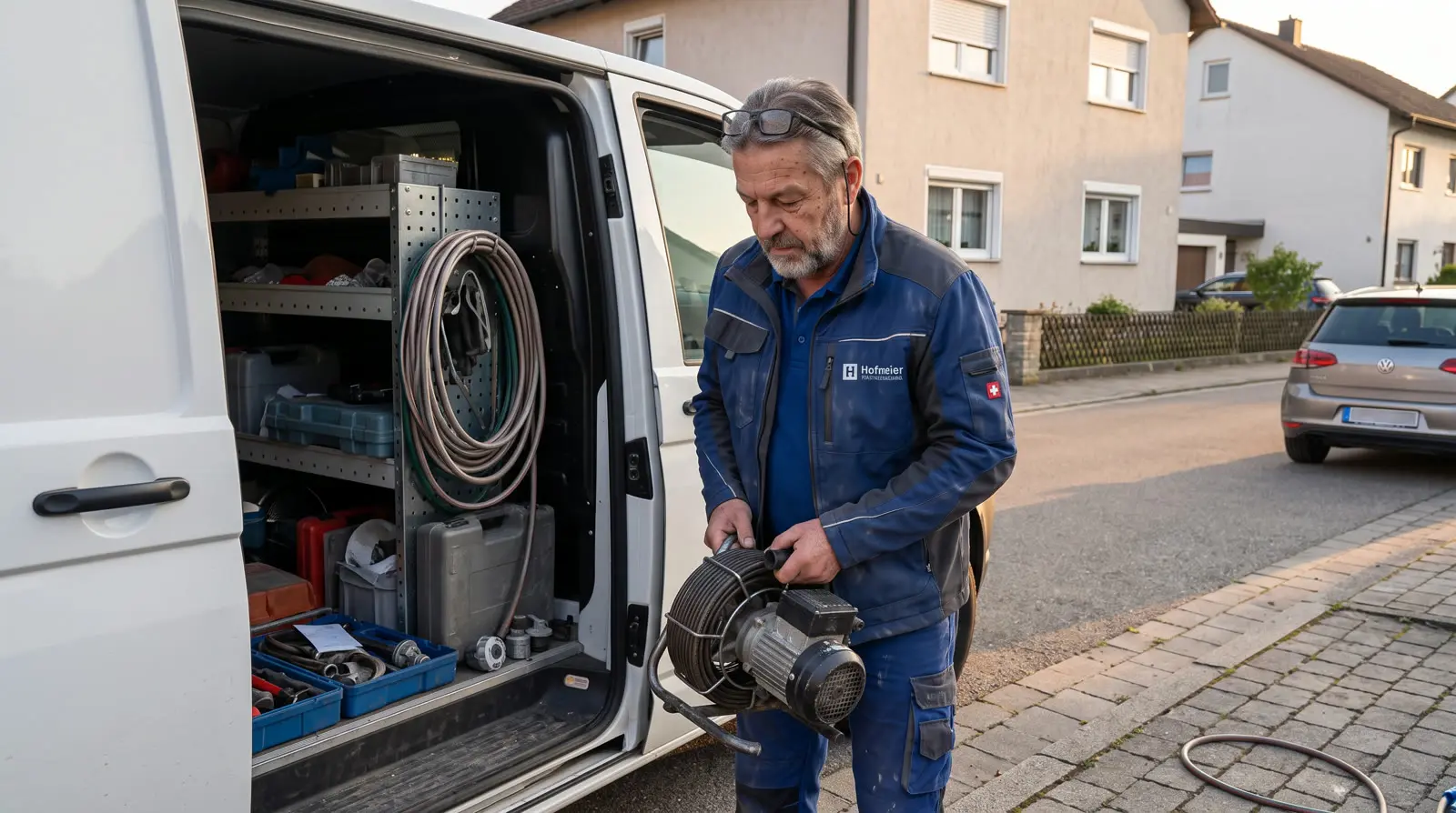 Monteur holt die Rohrreinigungsmaschine aus dem Transporter