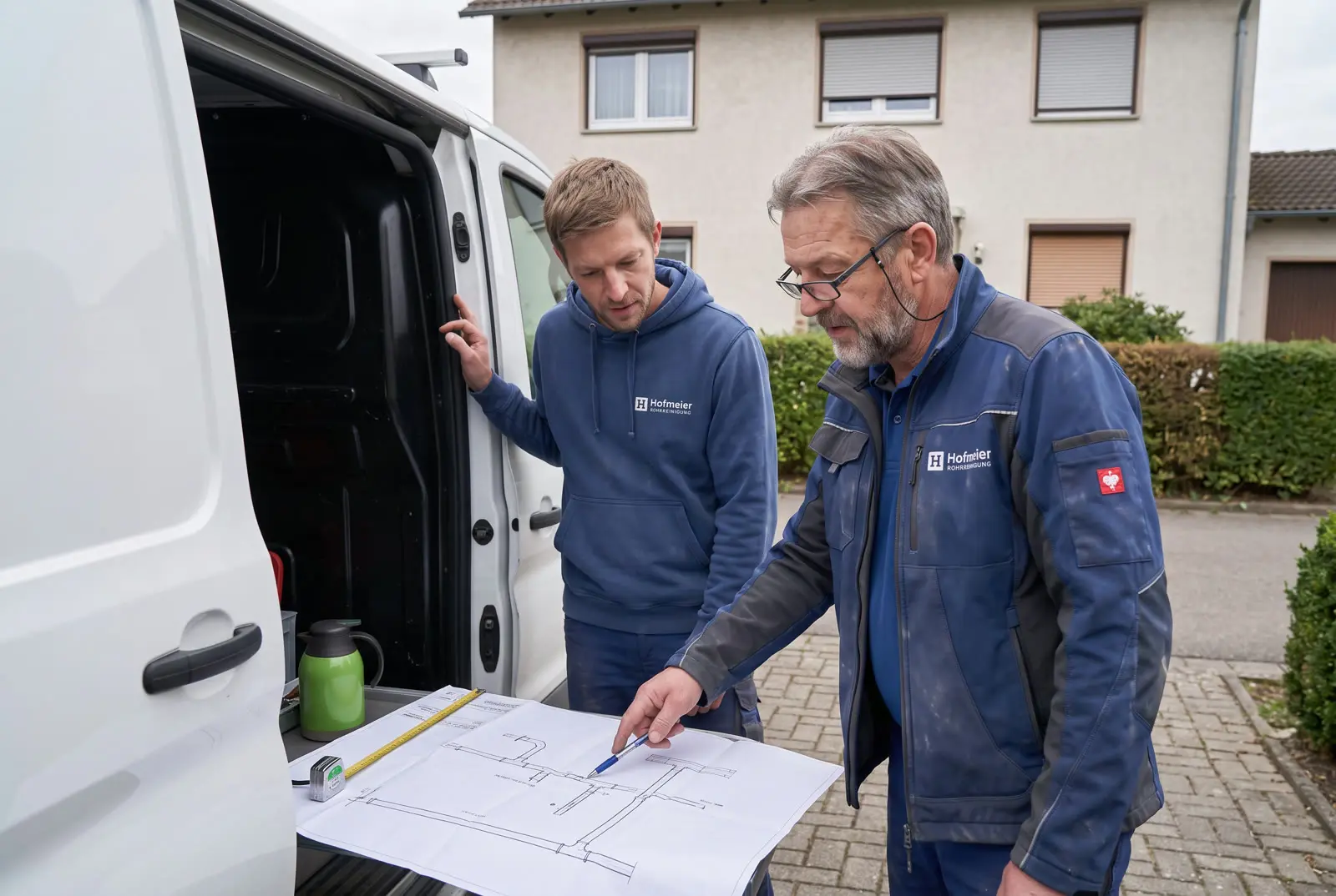 Zwei Monteure besprechen am Transporter einen Leitungsplan